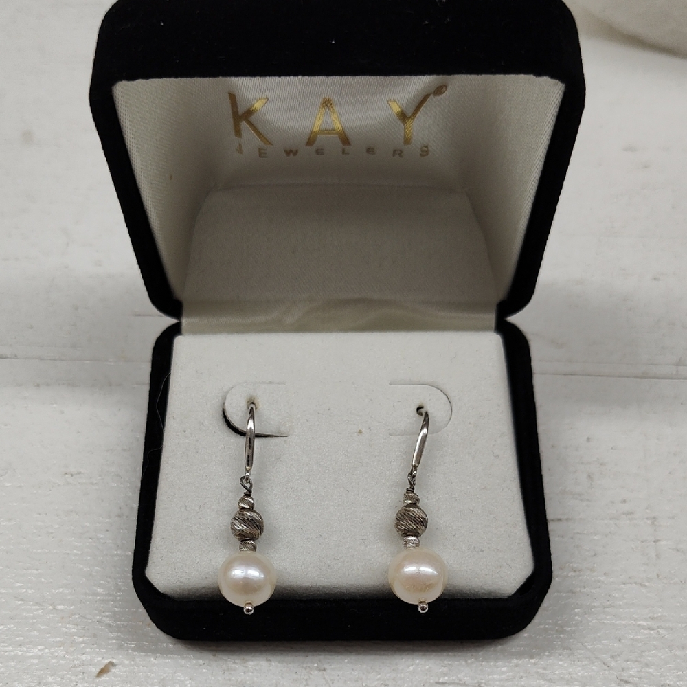 Kay Jewelers Silver and Pearl Drop Earrings